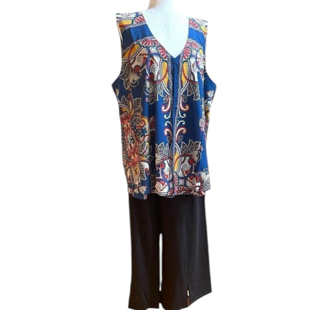 Suzanne Betro 2-Piece Set 4X NWT | Scarf Print Sleeveless Top & Black Crop Pants - Picture 11 of 13